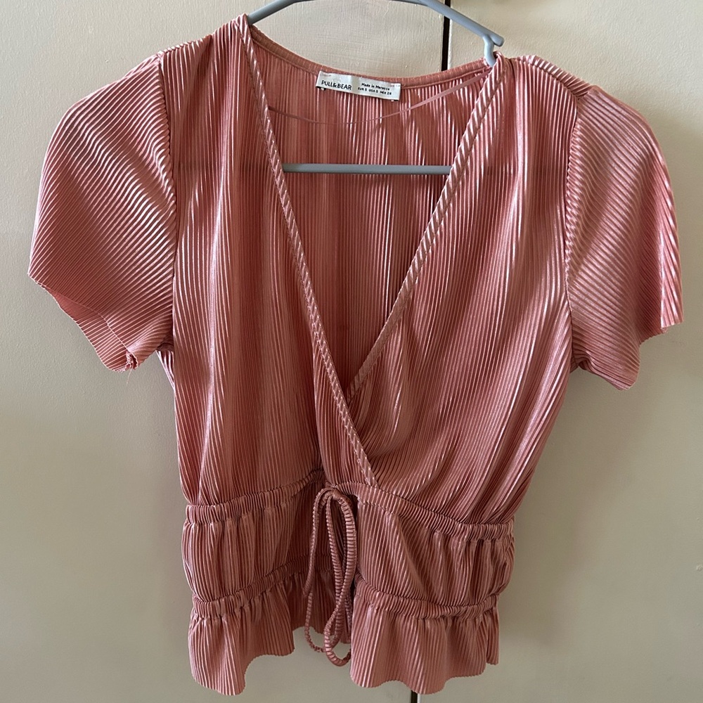 Pull&Bear Dusty Rose Pleated Wrap Short Sleeve Top
